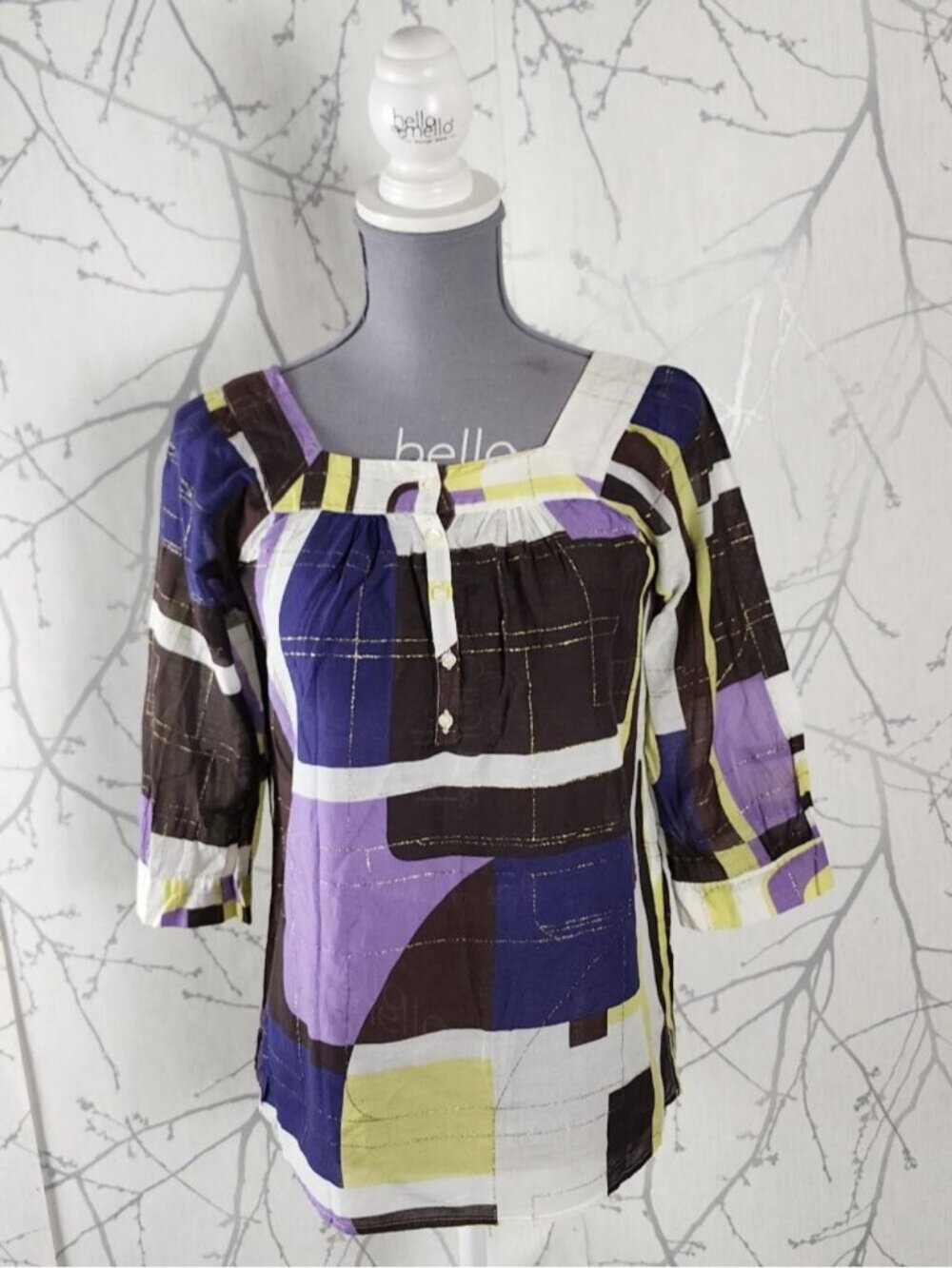 Oui Set Colorful Collage Print Cotton Silk Square Neck Popover Blouse